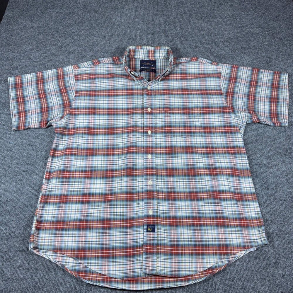 Mens XL Plaid Button Down Shirt Short Sleeve Red Blue The Arrow Company